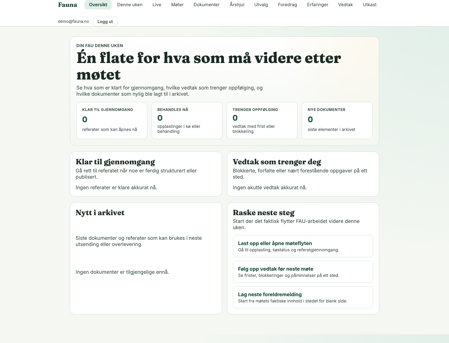Fauna oversikt-side som samler møteoppfølging, vedtak og neste steg.