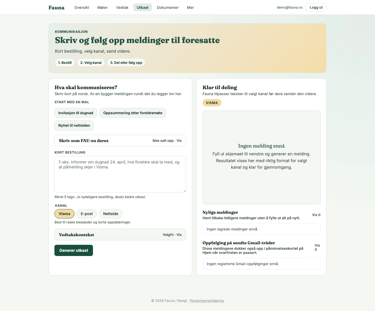 Fauna kommunikasjonsside med utkast basert på møteinnhold.