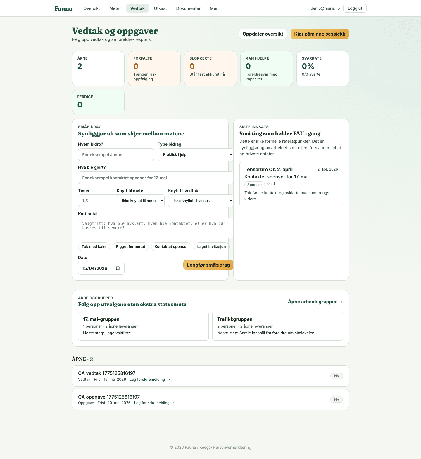 Fauna vedtaksoversikt med oppfølgingskort og prioritering.