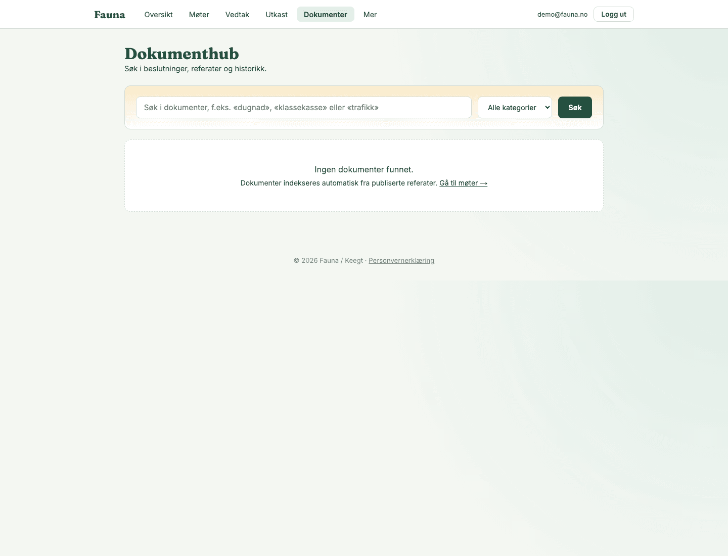 Fauna dokumenthub med publiserte referater og overleveringsflate.