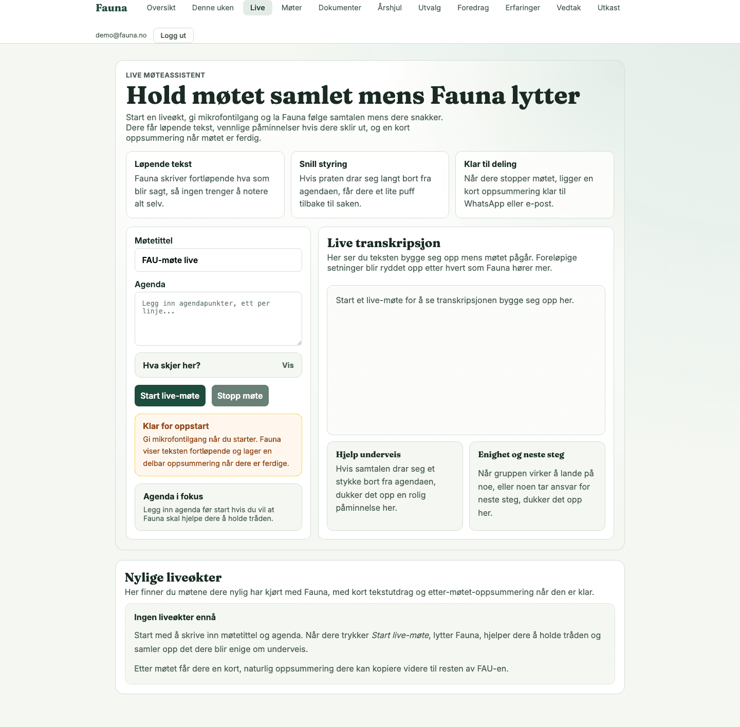 Fauna live møteassistent med agenda, løpende tekst og hjelp underveis.