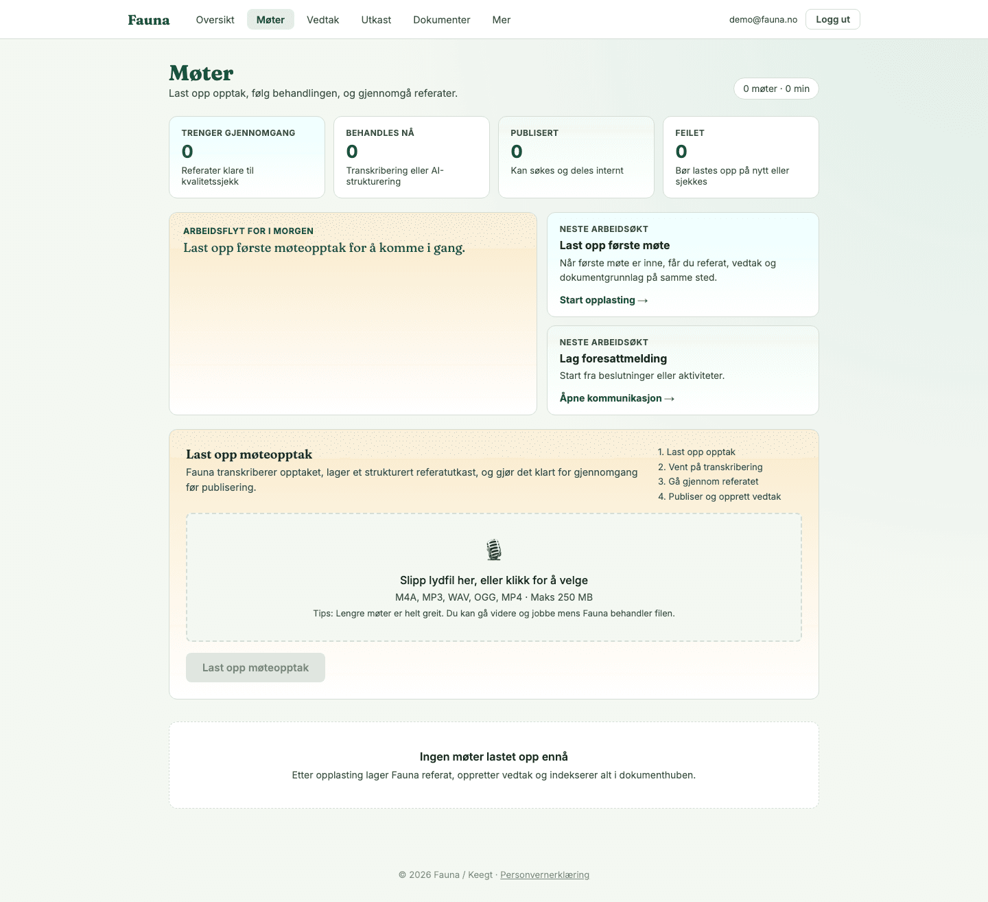 Fauna møter-side med AI-referatflyt og statuskort.