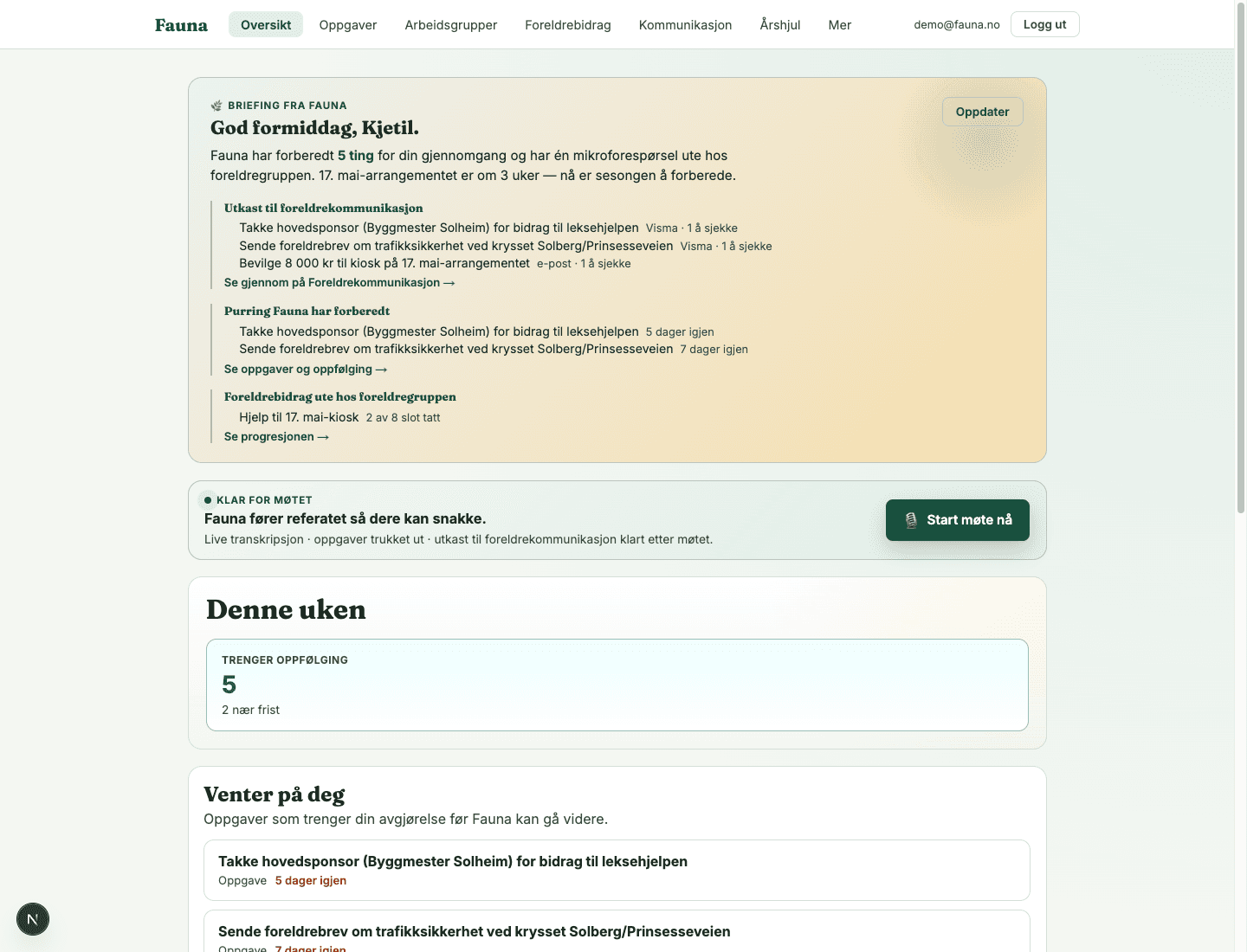 Fauna Oversikt: morgenbriefing med oppgaver som venter, utkast til foreldrekommunikasjon, og foreldrebidrag som er ute hos foreldregruppen.